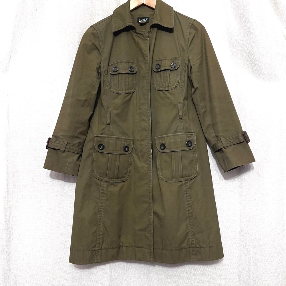 J Crew VTG Olive Green Utility Trench Coat Women's Sz 4 Button Front Belted Cuff - Picture 1 of 11